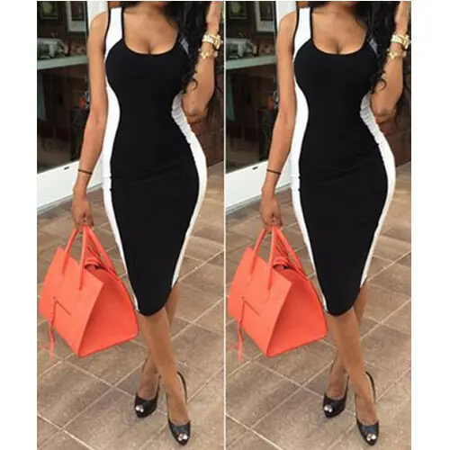 Женское облегающее Платье До Колена без рукавов черно белое лоскутное Бандажное