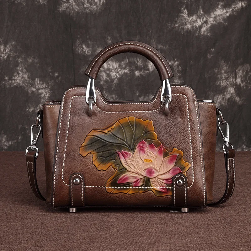 

2019 Luxury Women Genuine Leather Handbags Ladies Retro Elegant Shoulder Messenger Bag Cow Leather Handmade Womans Bags