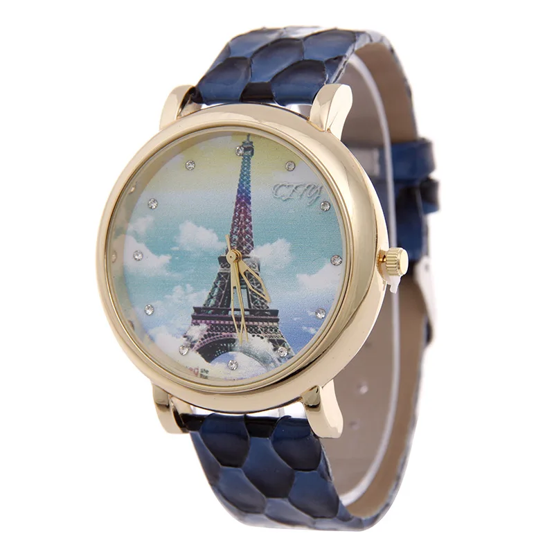 Модные 3D печать Эйфелева башня цветы Для женщин кварцевые наручные часы кожаный