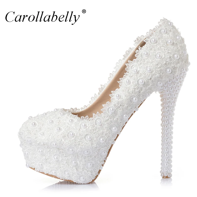 

8cm/10cm/12cm/14cm Shoes Women Fashion Sweet White Flower Lace Platform High Heels Pearls rhinestone Wedding Bride Dress Shoes