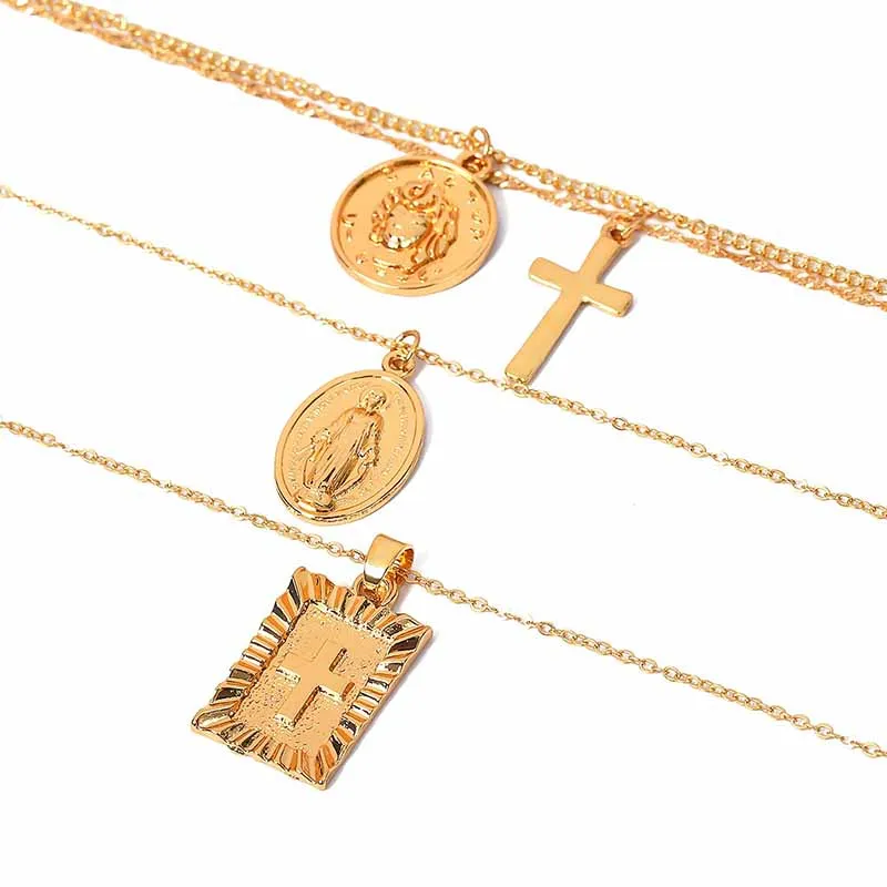 Vintage Women Personality Coin Choker Necklace Multi layer Jesus Cross Pendant Chain Long Femme Collier Chocker NL244 | Украшения и