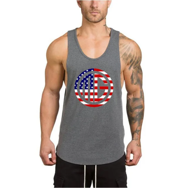 Summer men's bodybuilding fitness running vest cotton round neck sleeveless T-shirt moisture wicking quick-drying printing | Спорт и
