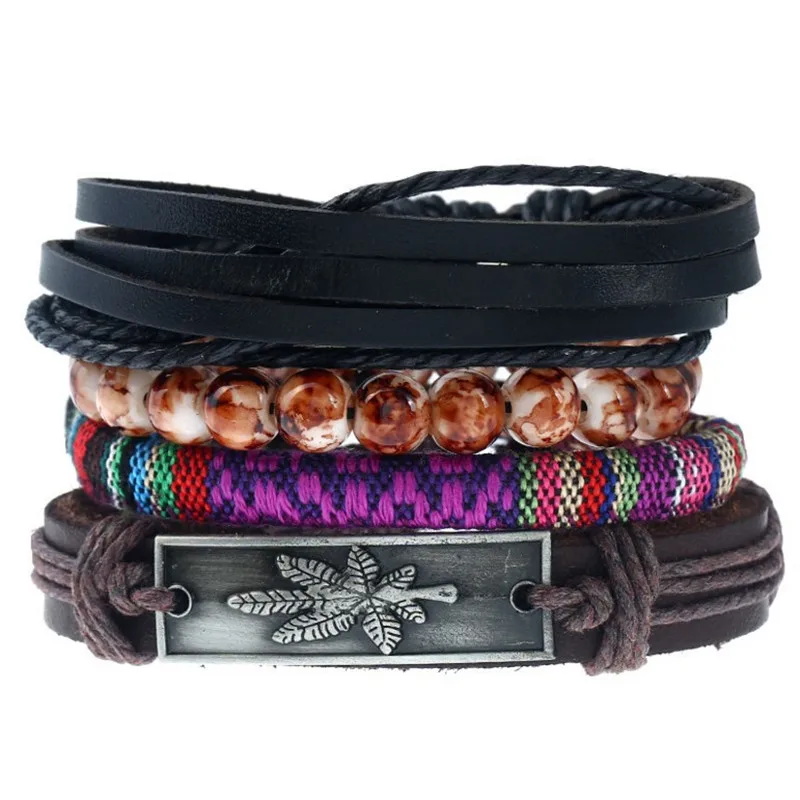 4pcs/set hippie punk black brown Leather maple charm multi color onyx Bead Layers stackable wrap Bracelet Bangles Unisex Jewelry