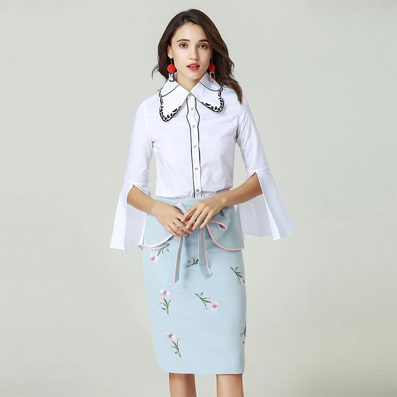 Женский комплект из 2 предметов белая рубашка с расклешенными рукавами + юбка