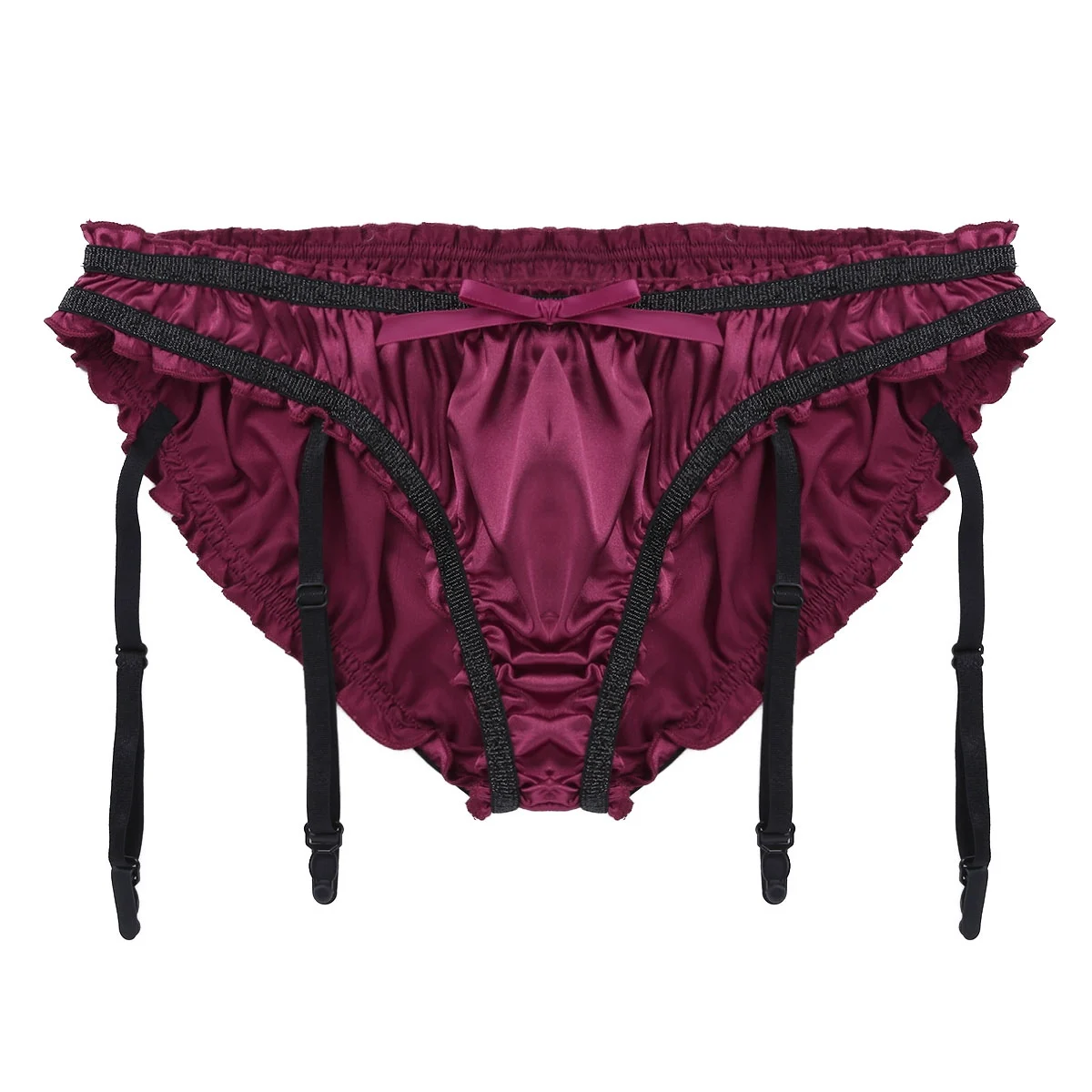 Wine Red Мужские трусы, бантики, бикини, эластичные атласные трусы, нижнее бельё с подвязками, блестящие гофрированные стринги с бантиком, Гей Нижнее белье - Цвет: Wine Red
