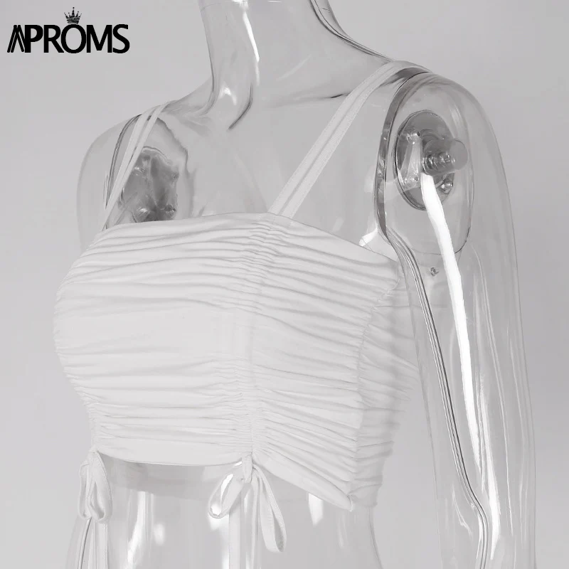 Aproms/крутой неоновый зеленый укороченный топ для девочек, повседневный плиссированный белый топ с рюшами, женская короткая тонкая кофточка, летний топ для женщин, одежда - Цвет: Белый