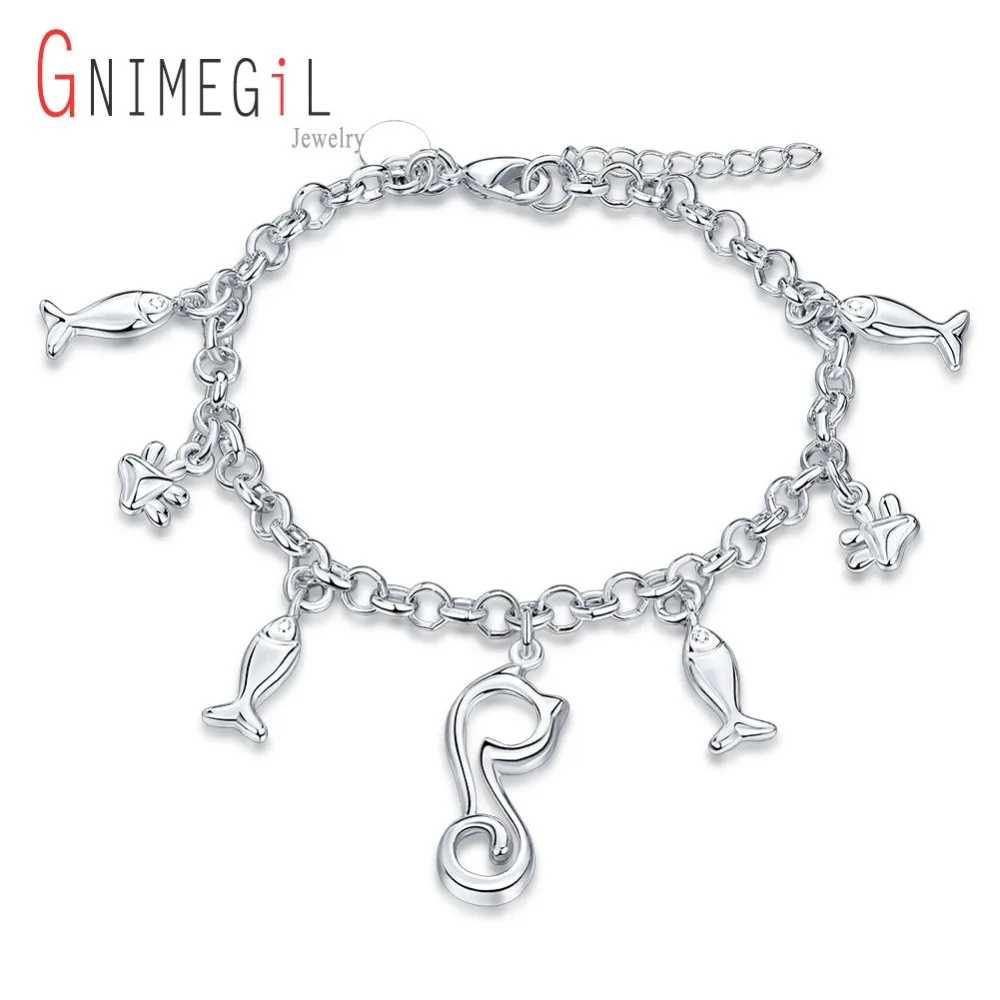 GNIMEGIL трендовые посеребренные 7 подвесок цепочка амулеты Браслеты для женщин рыба