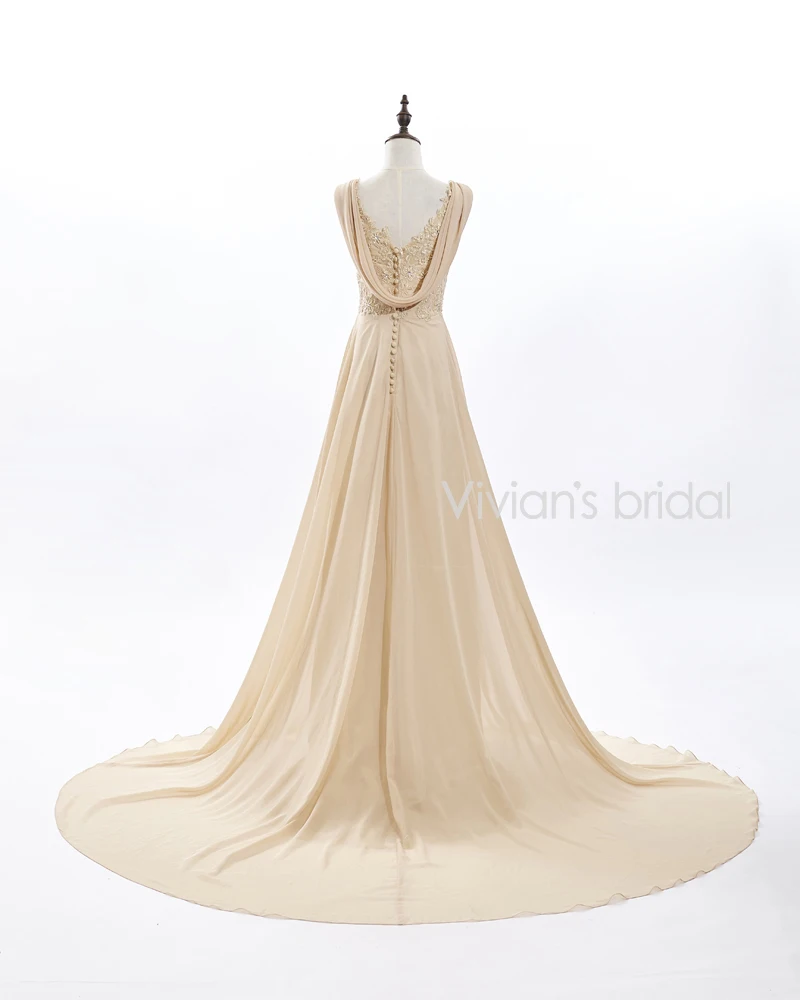 Vivian's Bridal Шампанское шифоновое свадебное платье 2016 с рукавами крылышками