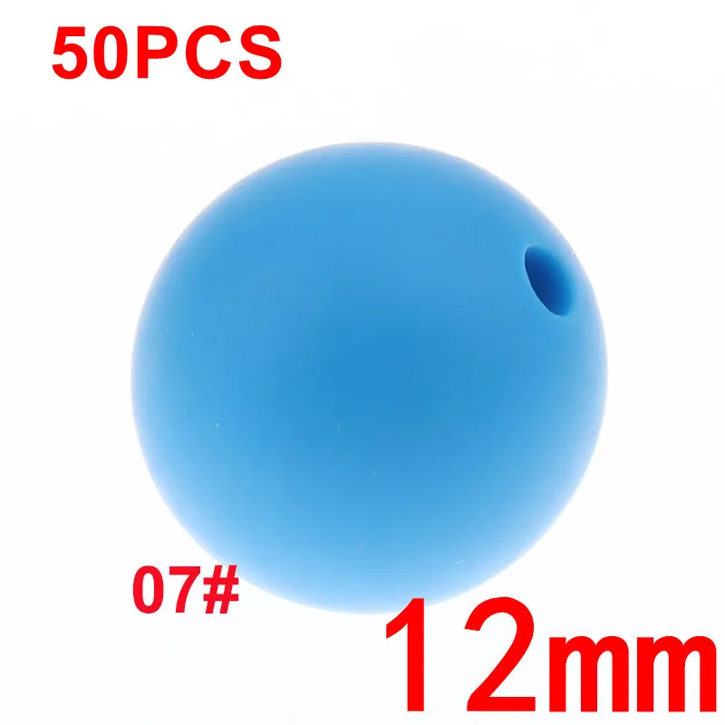 07 Deep Sky Blue 50 шт., 12 мм, круглые силиконовые бусины для прорезывания зубов, BPA бесплатно, Детские Прорезыватели, соски, клипсы, цепочка, сделай сам, для детей, жевательные игрушки для душа, подарок - Цвет: 07 Deep Sky Blue