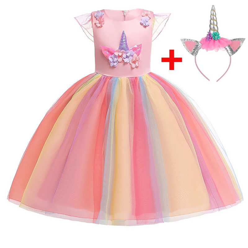 2022 Summer Dress Free Headband Colorful Unicorn Party Girl Vestidos Kids Dresses For Girls Clothes Wedding Princess |