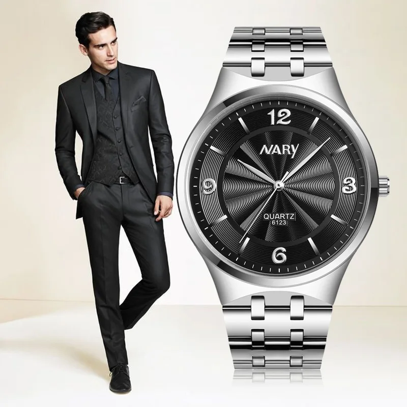 Часы наручные Nary Мужские кварцевые роскошные модные повседневные из нержавеющей