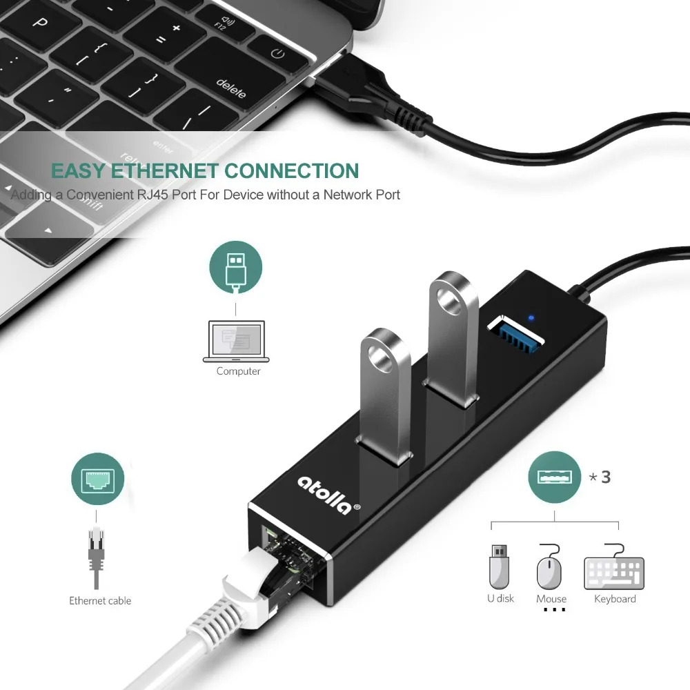 Atolla USB 3 0 концентратор Ethernet с C сетевой адаптер порта сплиттер гигабит для Macbook Mac