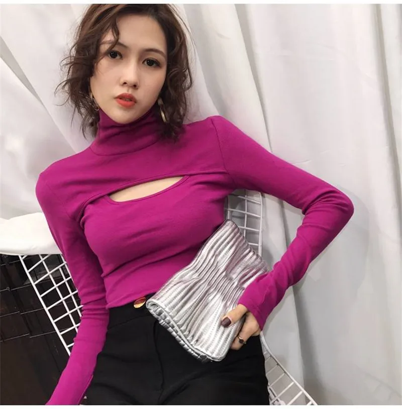 purple red t shirt Neploe Сексуальная Открытая тонкая футболка с длинным рукавом Водолазка женская футболка сплошной цвет джемпер модные женские топы 38328 - Цвет: purple red t shirt