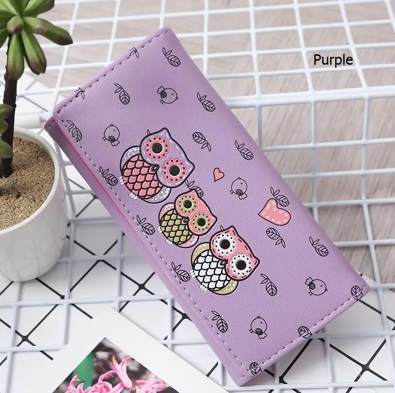 Long-Purple Женские кошельки милый сова монета с изображением женщины кошелек родитель-ребенок Стиль кошелек, клатч бумажник с изображением персонажей из мультфильма карты ID держатель кошельки - Цвет: Long-Purple