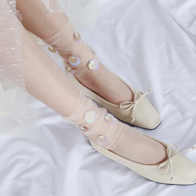 Wholesale 60 Pairs Women's Handmade Sequins Socks Lady Girl's Transparent Mesh Shiny Transparent Socks Sox Glitter Sock Hosiery