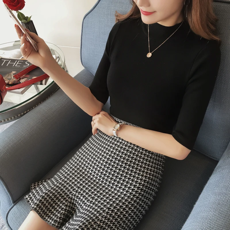 

Sueter Mujer Autumn Women Pullover Sweaters Turtleneck Half Sleeve Solid Slim Women Tops Pull Femme