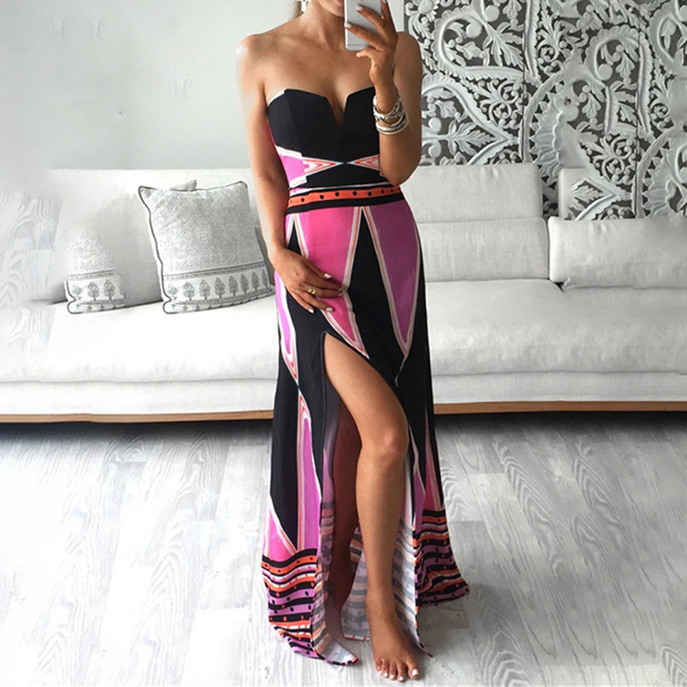 2017 г. пикантные Для женщин без бретелек макси платье Цветочный принт Цвет блок