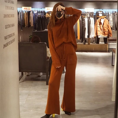 caramel colour Кашемировый женский свитер, костюм и наборы, повседневный вязаный свитер, брюки-клеш, 2 шт., спортивные костюмы, спортивный костюм, женские брюки, джемпер из шерсти - Цвет: caramel colour