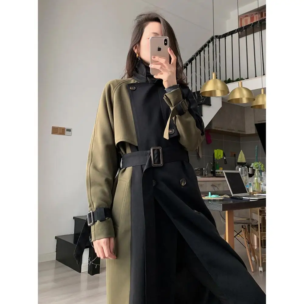 

2019 Spring Autumn Trench Coat Women Vintage Patchwork Color Windbreaker Female Casual Outerwear Adjustable Waist belts Elegant