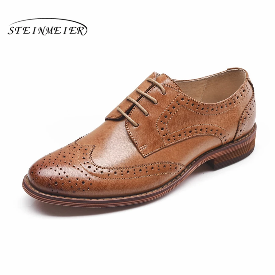 Genuine sheepskin leather brogue shoes yinzo lady flats vintage handmade winter oxford for women black grey brown | Обувь