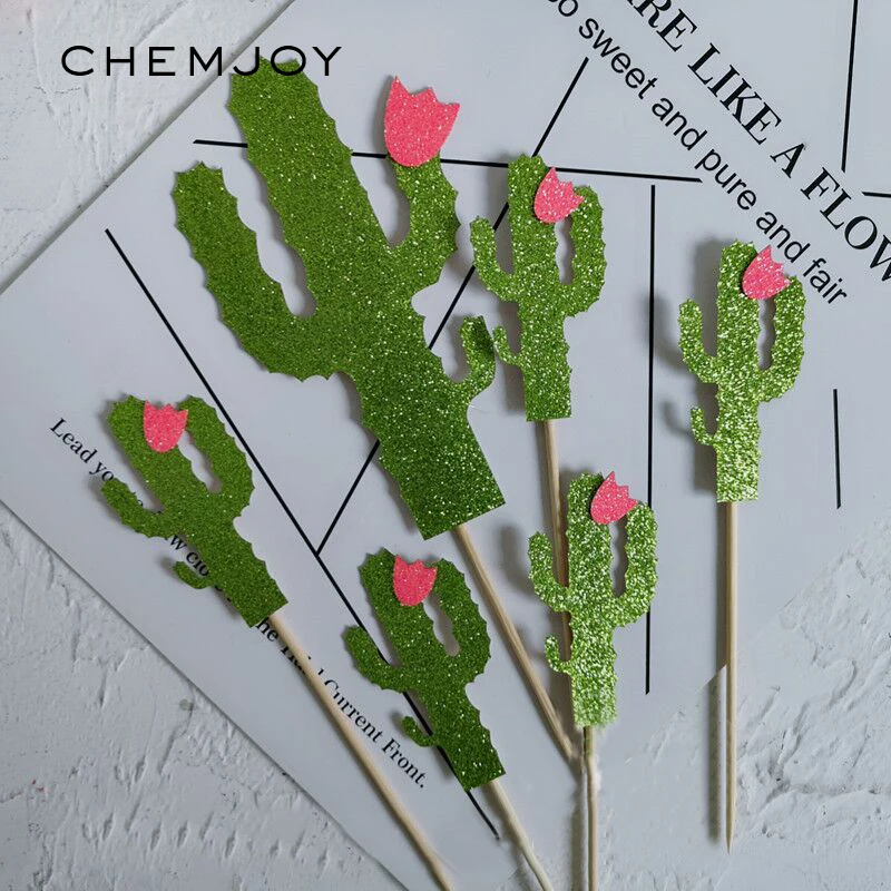 Set of 6 glitter Зеленый Кактус кекс summer Летний стиль Гавайский для именинного пирога топперы тропические украшения для вечеринки, дня рождения для взрослых - Цвет: Set of 6 glitter