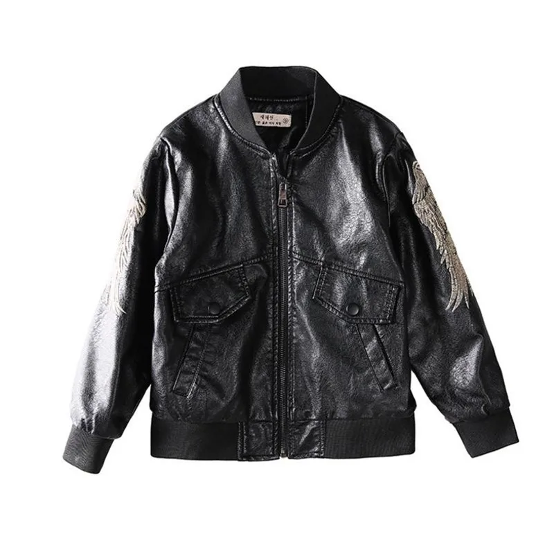 

DFXD High Quality Children Girl Faux Leather Coat 2018 Spring Autumn Black Long Sleeve Embroidery Zipper Jacket Fashion Outwear