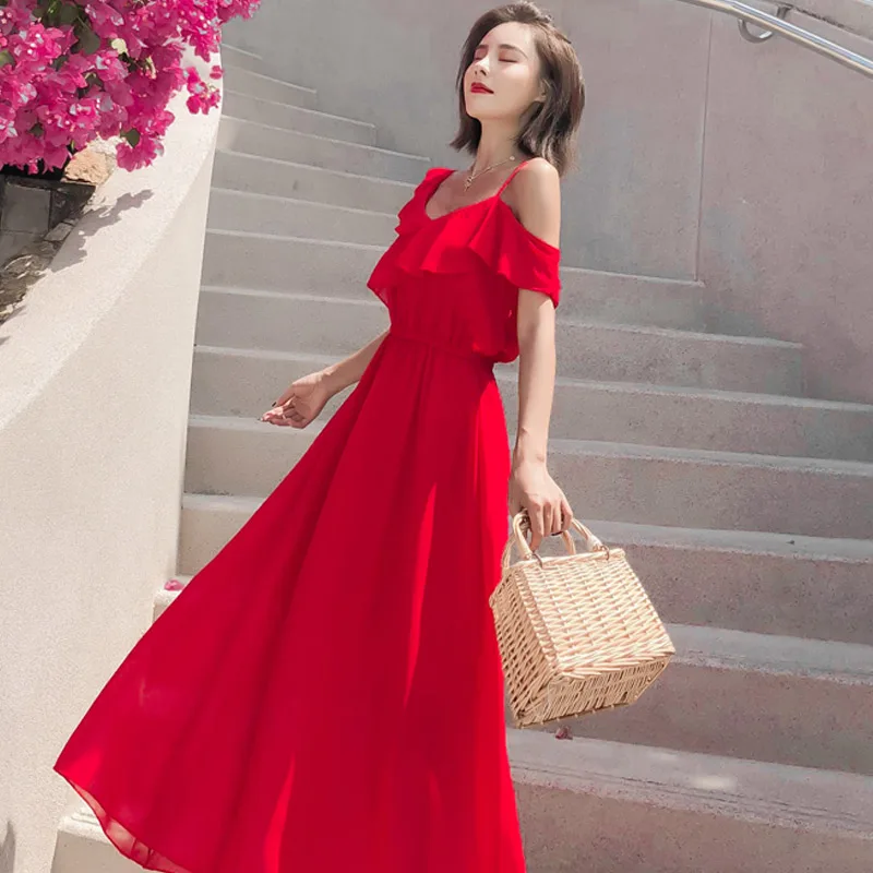 Summe Women Dress 2019 Sexy Bodycon Elegant Boho Maxi Vintage off shoulder v neck beach Casual Club party night Long Red | Женская