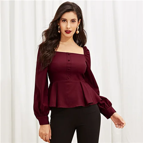 Burgundy Sheinside, Элегантная блузка, женские рубашки, на молнии, с пуговицей сзади, спереди, с баской, топ, женский, квадратный вырез, облегающий, с длинным рукавом, топы и блузки - Цвет: Burgundy