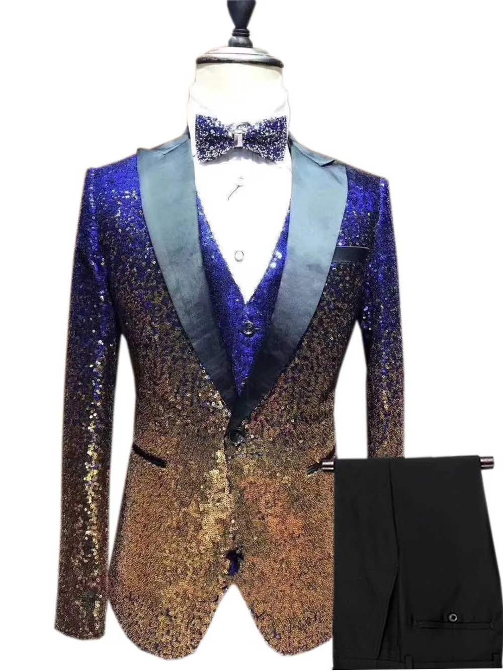 Royal Blue-Gold 3 штуки блестящий мужской костюм с блестками, приталенный смокинг на одной пуговице с отворотом на пике, вечеринка, свадебный банкет, блейзер для ночного клуба+ жилет+ штаны - Цвет: Royal Blue-Gold