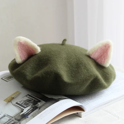 Army green Ручной шерстяного фетра с кошачьими ушками береты express; meow родитель-ребенок почки шляпа - Цвет: Army green