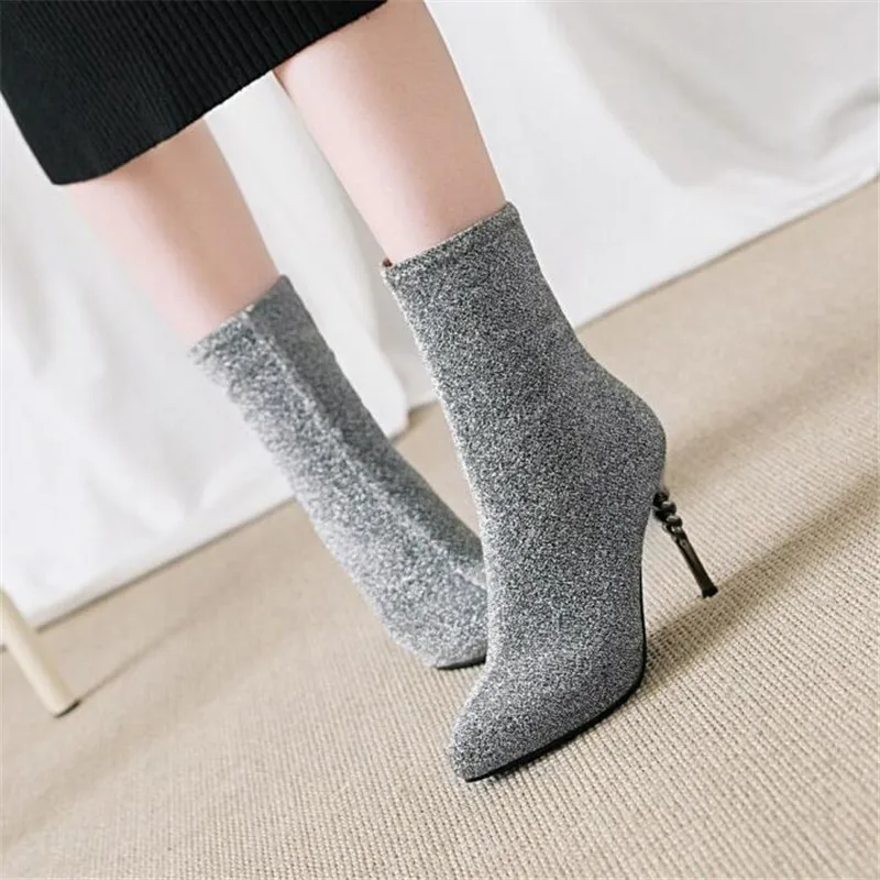 winter New pattern fashion Round head silvery sexy Elastic force Thin leg Short boots Fine heel Add wool Keep warm Women Boots