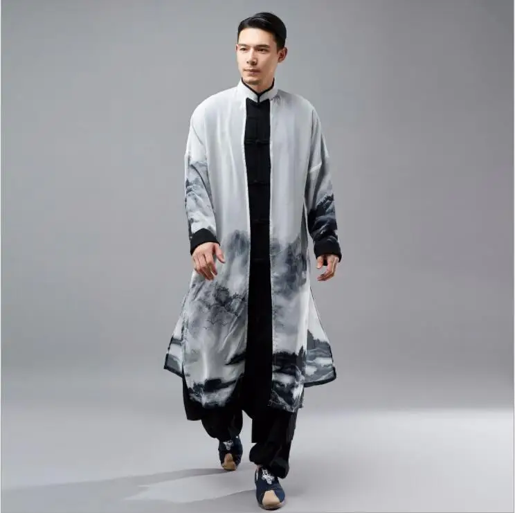 

Traditional chinese clothes men Chiffon vintage Long robe Repubilc of China buddhist clothing Chinoiserie zen gown clothing