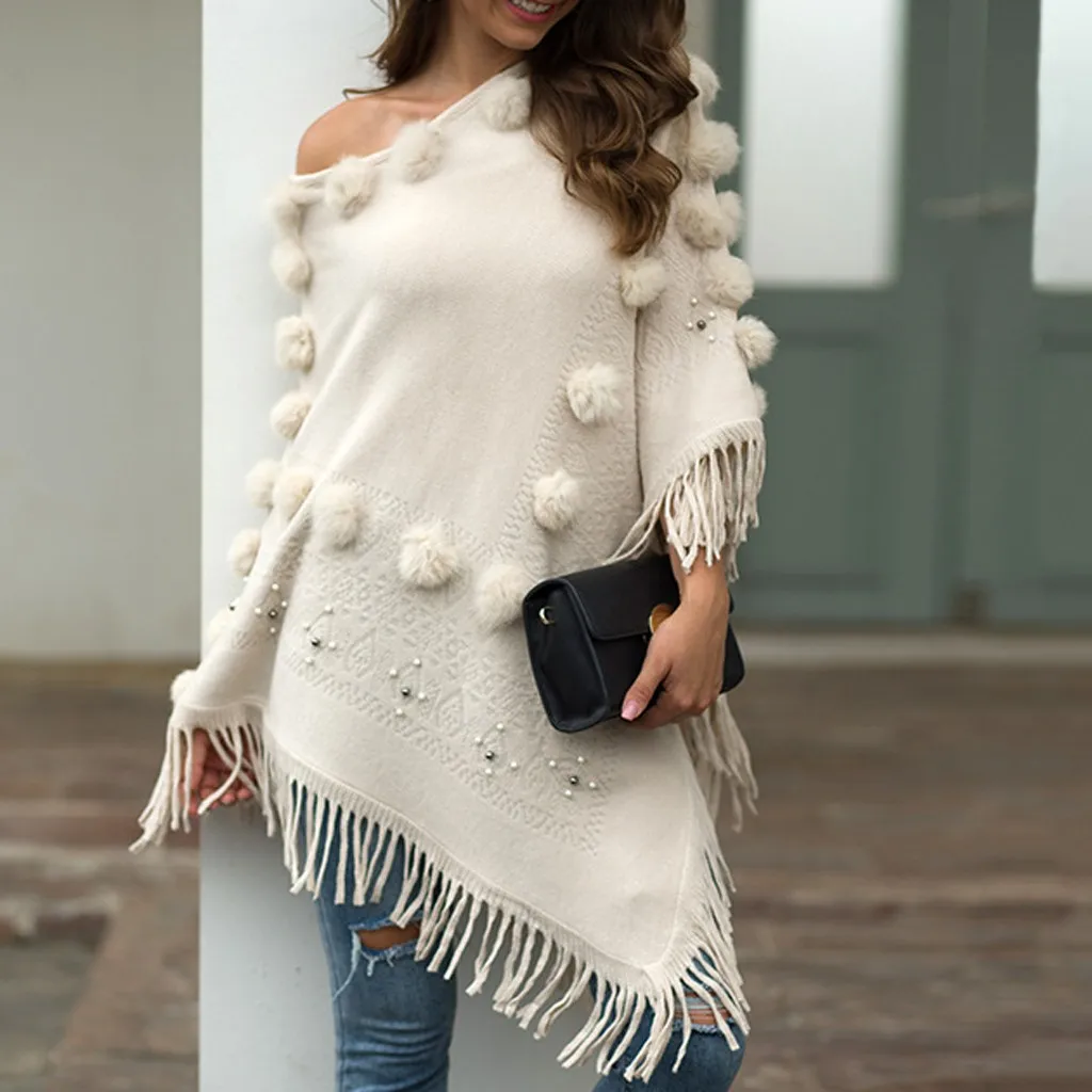 Women O-Neck Solid Hairball Tassel Sweater Autumn Vintage Pulover Fashion Coat Loose Knitted Shawl Poncho Ladies Clothes#N | Женская