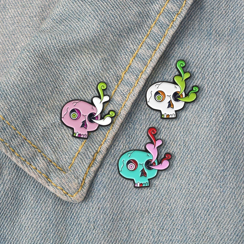 Брошка с цветком в виде ветки черепа 3 цвета Скелетон трещины спиральные глаза
