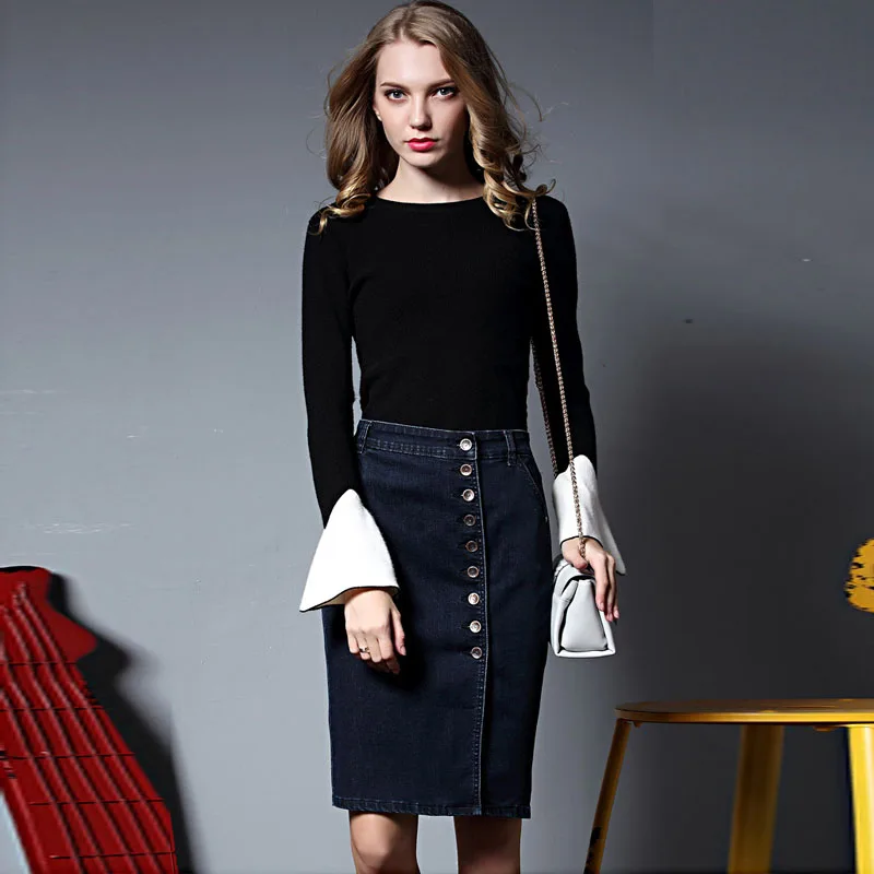 Сексуальные синие джинсы миди юбка карандаш для женщин 2018 модные на пуговицах