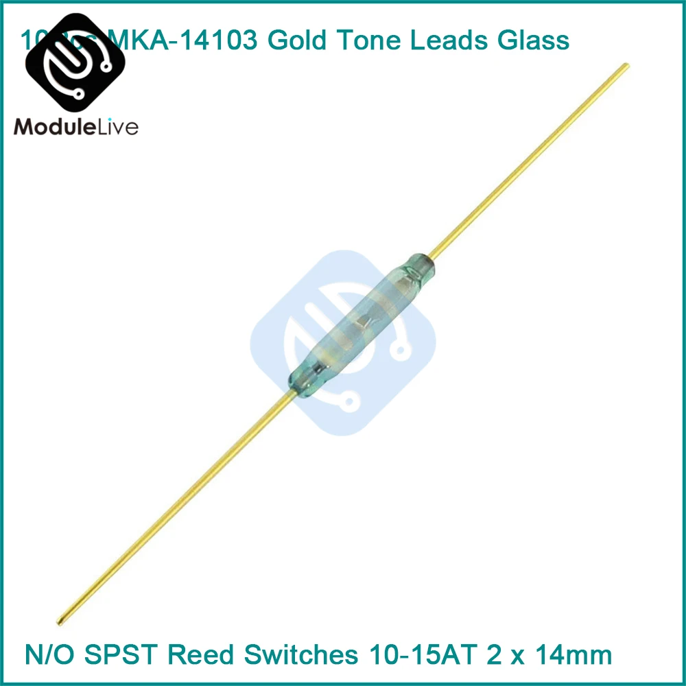 

10Pcs MKA-14103 Gold Tone Leads Glass N/O SPST Reed Switches 10-15AT 2 x 14mm