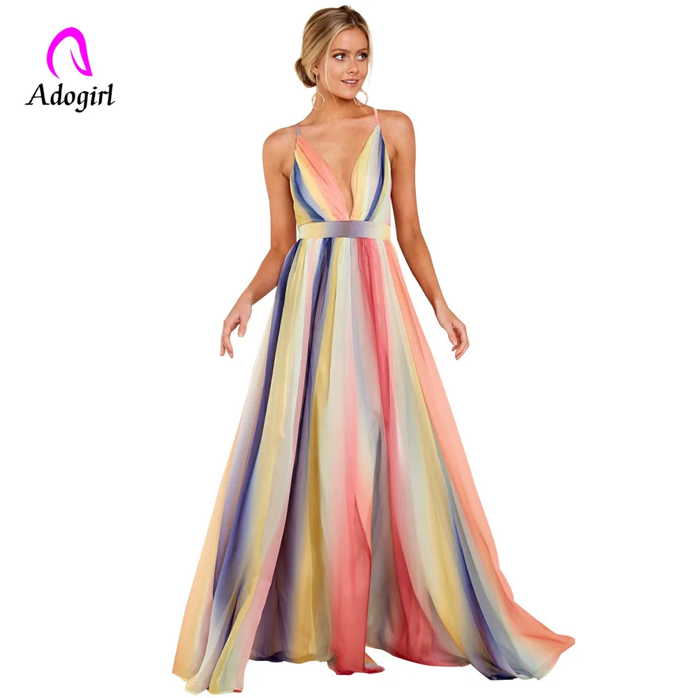 Женское шифоновое платье-макси в радужную полоску без рукавов | Женская одежда