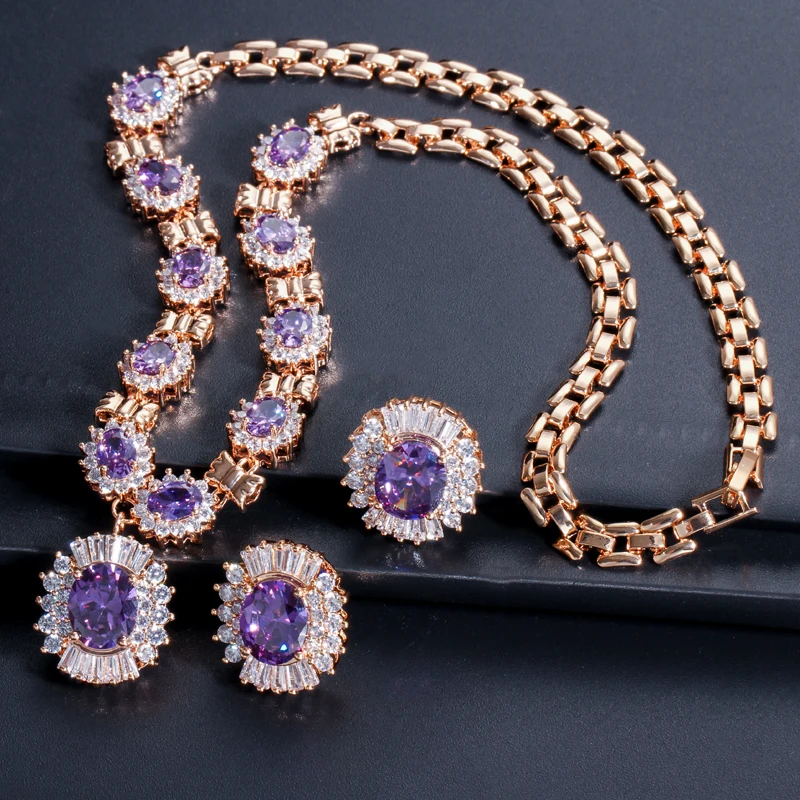 ThreeGraces Dubai Gold Color Purple Oval Austrian Crystal 4 Piece Luxury Wedding Engagement Jewelry Set For Women JS168 | Украшения и