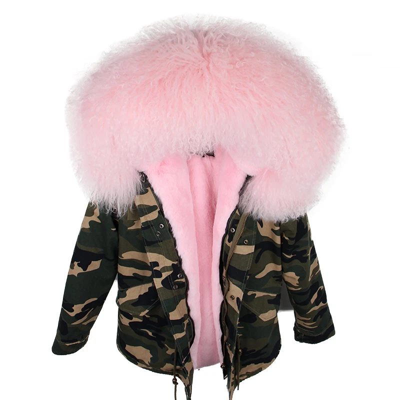 camo pink Зимняя женская куртка, парка, пальто из натурального меха, парки из натурального меха монгольской овцы, Толстая теплая Роскошная съемная верхняя одежда, уличная одежда - Цвет: camo pink