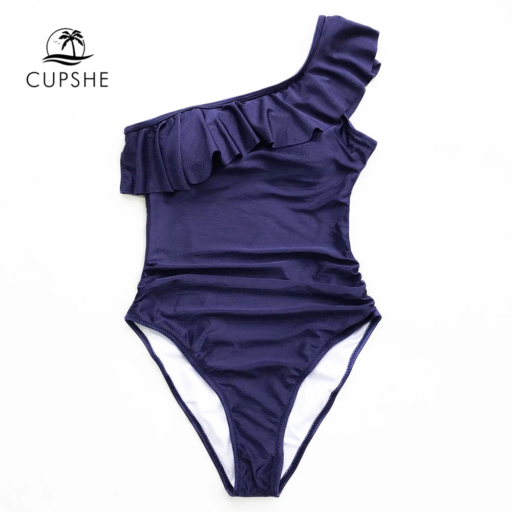 CUPSHE темно-синий цельный купальник на одно плечо женский однотонный с рюшами