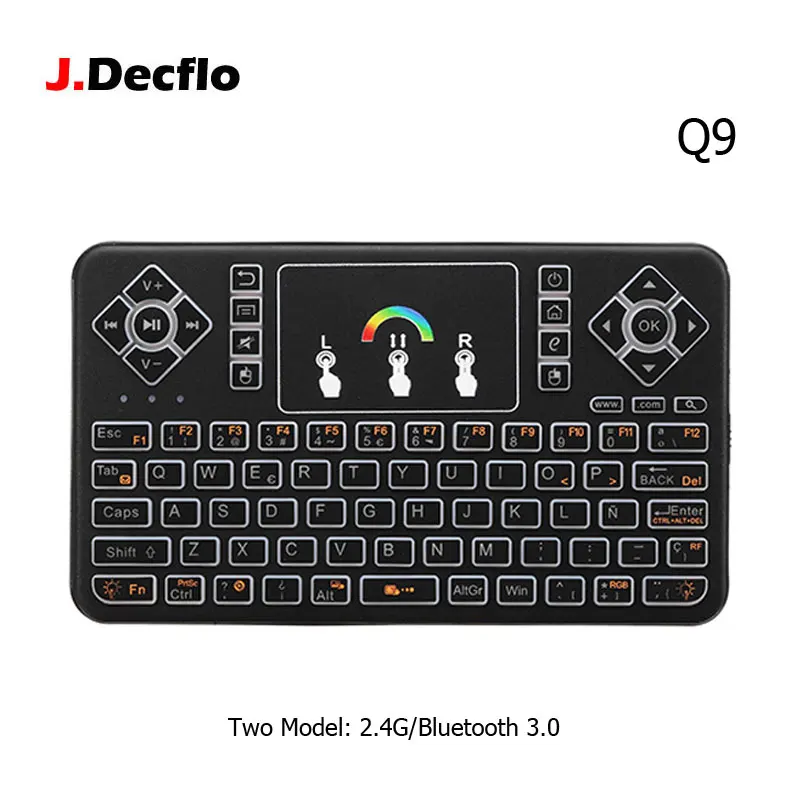 TZ Q9 2 4 ГГц Bluetooth V3.0 Беспроводной клавиатура RGB сенсорная панель с подсветкой для