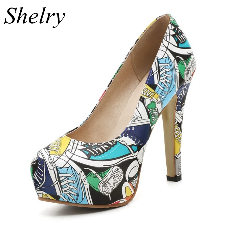 2017 новых прибыть высокие каблуки насосы платформы уникальный печати обувь