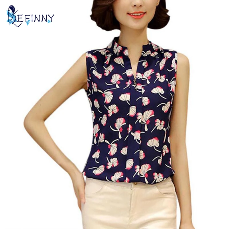EFINNY Летние женские топы Повседневные безрукавные модные блузки с V-образным вырезом Рубашка из шифона с принтом Блузки для женщин Блузки M-XXL Белый.