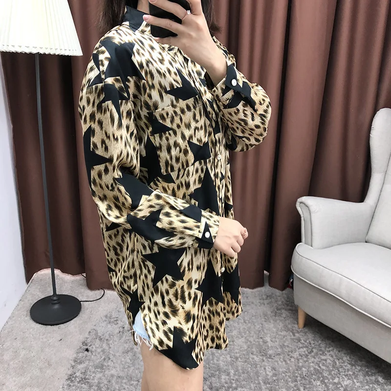Women animal leopard print sexy long shirts loose style stars casual tops blouse new 2019 spring summer |