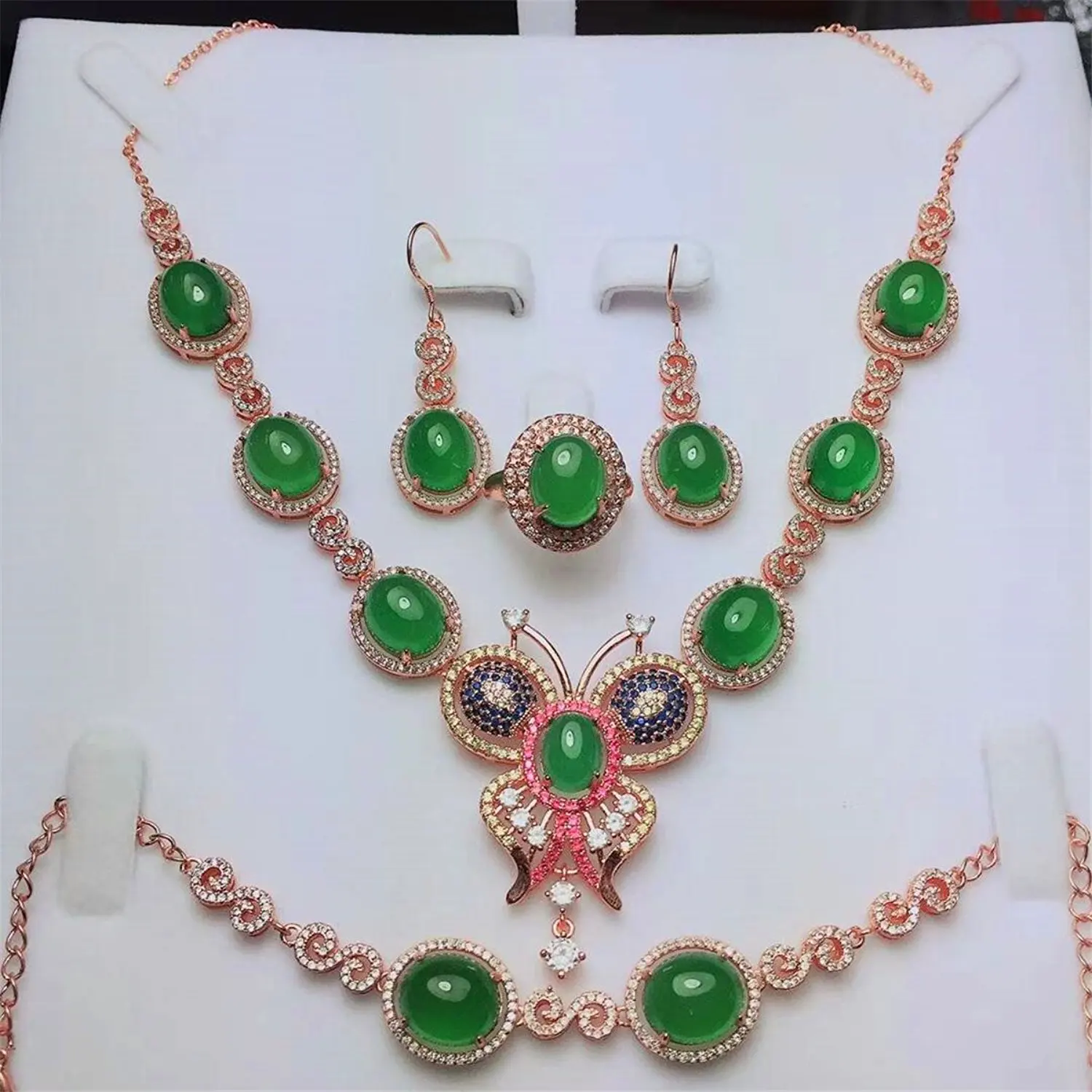 

Koraba 925 Sterling Silver Inlaid Natural Green Chalcedony Butterfly Pendant Necklace Bracelet Earrings Gift 4pcs Set