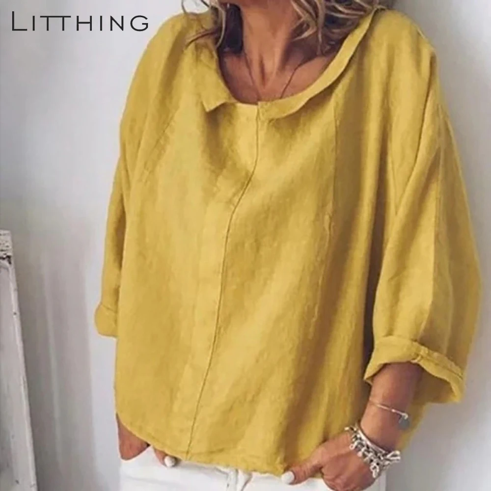 LITTHING 2019 летние женские одноцветные Топы Блузки повседневные льняные блузки с