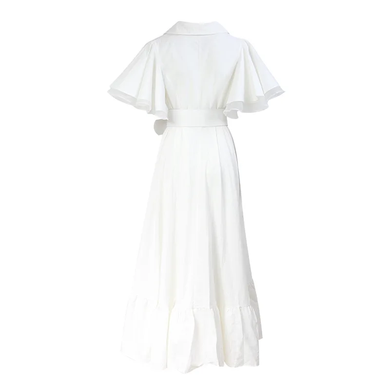 

Solid Women Party Dress Fashion Ruffled Asymmetric Long Dress High Waist With Belt V-Neck Dress Female HTDR18379