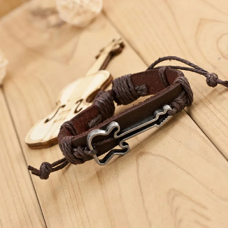 Браслеты из натуральной кожи полый Шарм в виде гитары браслет для женщин и мужчин