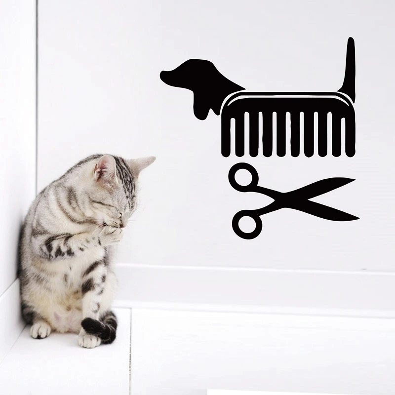 

Creative Vinyl Wall Art Sticker Pet Shop Pet Grooming Salon Cat Dog Scissors Comb Wall Decals Decoration