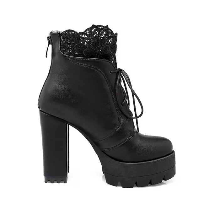 YMECHIC Lady Lace Up Platform Block High Heel Ankle Short Motorcycle Boots White Black Womens Autumn Gothic Shoes Plus Size